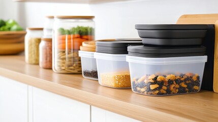 Organized kitchen shelf displaying various food containers filled with healthy snacks and vegetables