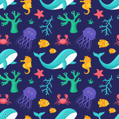 Seamless Ocean Pattern Design Featuring Decorative Marine Life Elements in a Cartoon Flat Style Illustration Template