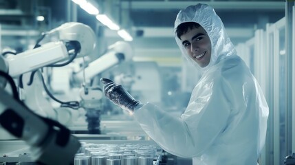 Young worker engaging with robotic technology in a modern factory setting at dusk
