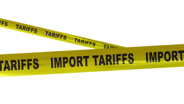 Import Tariff increase, Trade war concept. Tariffs text yellow tape isolated on white, transparent