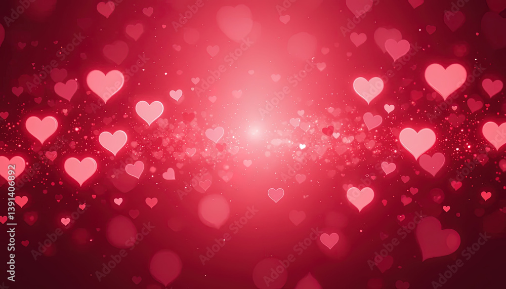 Poster this image shows a romantic red background filled with floating hearts and bokeh effects.