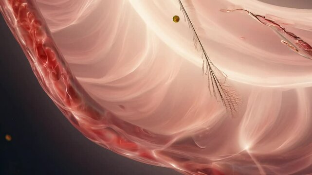 Crane video ascending to reveal vital micronutrients and cofactors travelling through an aorta, cinematic light with soft contrasts