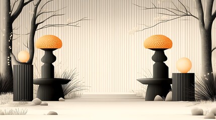 Minimalist autumn scene with black and orange lamps.