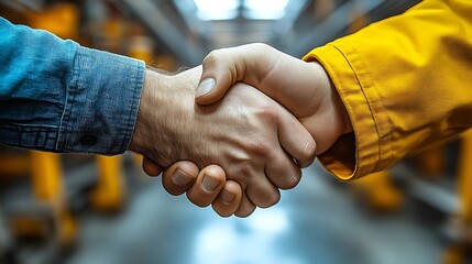 Two workers shaking hands in a warehouse.