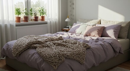 Soft light bathes a calm bedroom scene with a lavender duvet and chunky knit throw. AI Generated