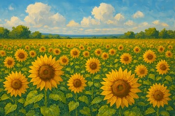 Field of Sunflowers under a Blue Sky