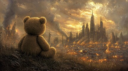 Teddy Bear Witnessing Post-Apocalyptic Cityscape: A Digital Painting of Devastation and Loss