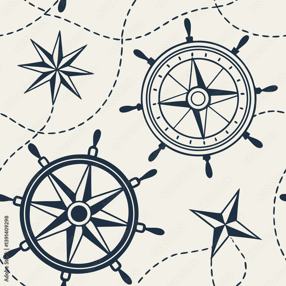 Poster seamless vector pattern nautical compass and steering wheel seamless pattern design