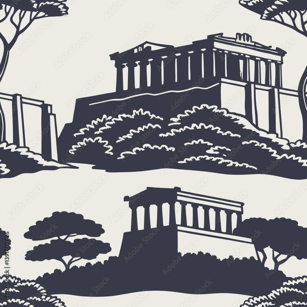 Poster vector seamless patterns of classic architecture and nature
