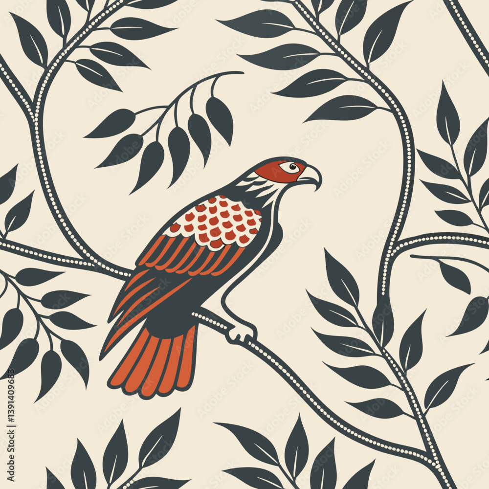 Aufkleber seamless vector pattern with bird and leaves on neutral background