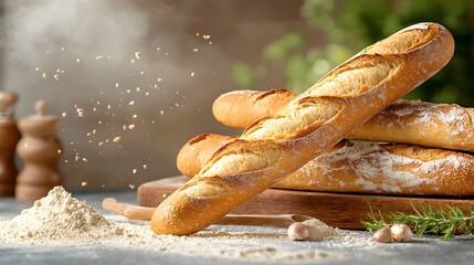 An assortment of freshly baked bread and golden baguettes displayed on a rustic wooden cutting board with steam visibly rising from the warm crusty surfaces