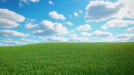 Obraz premium Beautiful spring meadows against the blue sky with white clouds in the background. Banner showing green meadows, perfect for the natural background of the spring vector presentation design.