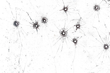 bullet marks on glass on a white background, cracks and holes from shots on broken glass, for...