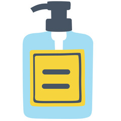 Flat design of a hand soap bottle with pump dispenser on a blue background. Ideal for hygiene, cleanliness, and healthcare visuals in educational and public health campaigns.