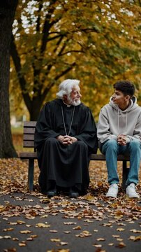 Priest listening to young man's confession on park bench during autumn