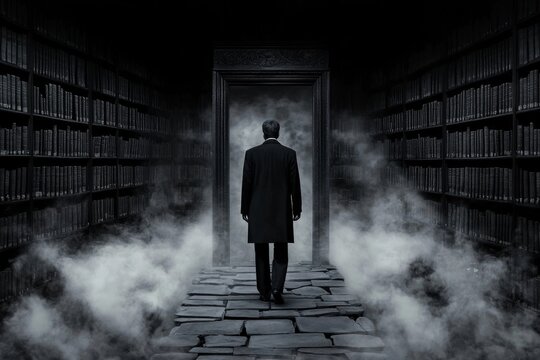 A surreal image of an author walking through a dreamlike library where books whisper their stories