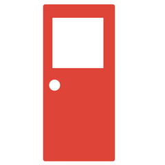 Flat cartoon illustration of a red door with a white window and round knob. Perfect for home design, architecture visuals, interior elements, access symbols, or educational and safety content.