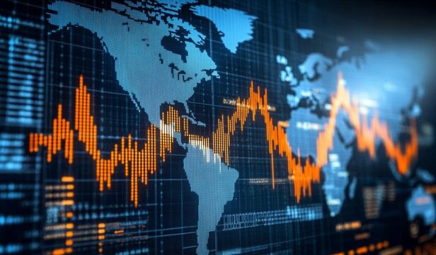 Global financial market trends displayed on a digital interface.  Complex data visualizations depict fluctuating investment figures overlayed on a world map