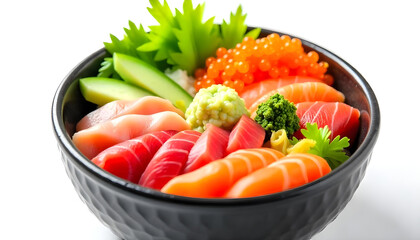 A delicious and colorful bowl of fresh sashimi, perfectly arranged on a white background.