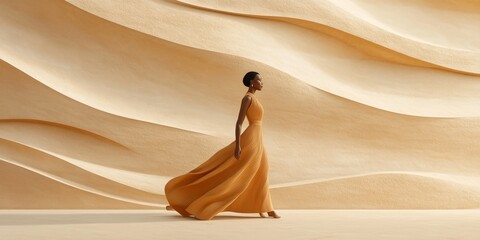 Fashion model walking in flowing orange dress against wavy background