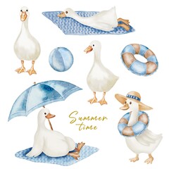 Enjoying summer moments with playful geese on colorful accessories in a cheerful design