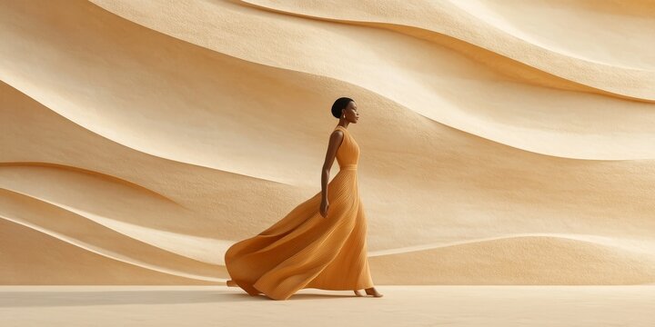 Fashion model walking in flowing orange dress against wavy background - Powered by Adobe