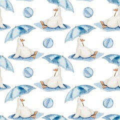 Obraz premium Geese enjoying a sunny day with umbrellas, balls, and a cheerful background pattern