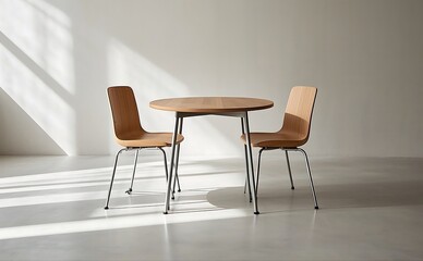 Round wooden table surrounded by two chairs in a bright room with sunlight shadows on the floor