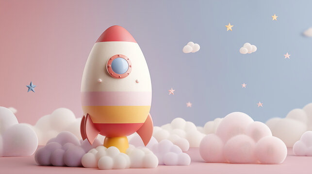Verspielte Osterillustration: Osterei als bunte Rakete im Himmel zwischen Wolken und Sternen. Generative AI KI