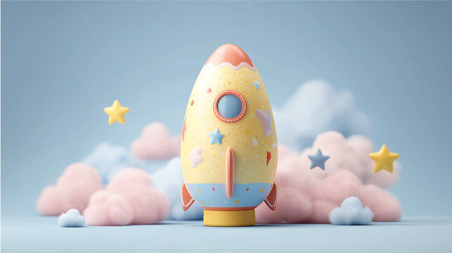 Verspielte Osterillustration: Osterei als bunte Rakete im Himmel zwischen Wolken und Sternen. Generative AI KI