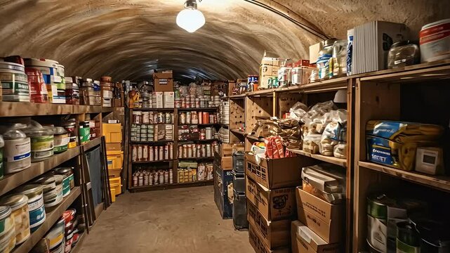 Organized Basement Storage Room With Shelves Full Of Supplies And Canned Goods