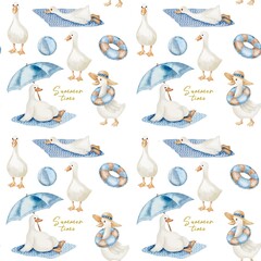 Pattern featuring geese enjoying summer activities in a cheerful design © Yuliia Kostenko