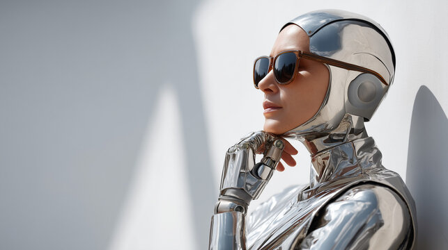 Futuristic Visionary: A silver robot, confidently sporting sunglasses, reflects a contemplative gaze against a crisp backdrop, embodying innovation and technological progress.