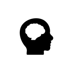 brain inside a human head icon. Represents intelligence, idea, thought, memory, and cognitive function. Simple black and white icon suitable for various design purposes
