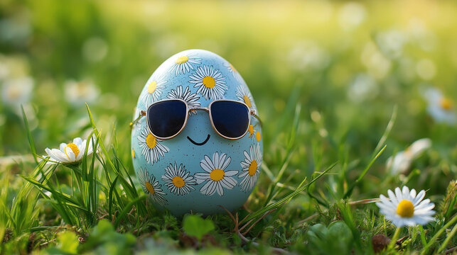 Lustiges Osterei mit Sonnenbrille und Blumenmuster im Fr&uuml;hlingsgras &ndash; humorvolle Osterdekoration mit Sommer Gras G&auml;nsebl&uuml;mchen . Generative AI KI