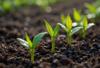 A close-up view of vibrant small green plants emerging from rich, dark soil, showcasing delicate leaves and intricate root systems, highlighting nature's resilience and beauty.