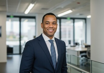 Obraz premium Portrait of a smiling african american businessman in a suit standing in an office space setting