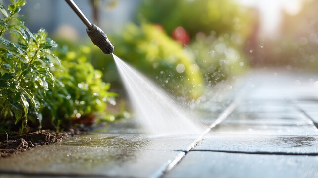 A garden hose sprays water, cleaning pavement near lush greenery on a sunny day, emphasizing outdoor maintenance and freshness.
