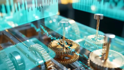 Complex gears and digital data overlay.  Detailed machinery with  financial chart superimposed - Powered by Adobe
