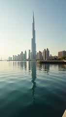 Fototapeta premium Modern Seaside Skyline in Qatar Doha captured at sunset, showcasing beautiful reflections on calm water. Concept of Modern Seaside Skyline in Qatar Doha emphasizes city landscape.