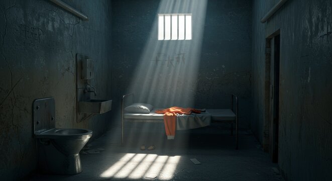Inside Dark Prison Cell with Sunlight Streaming Through Window Bars