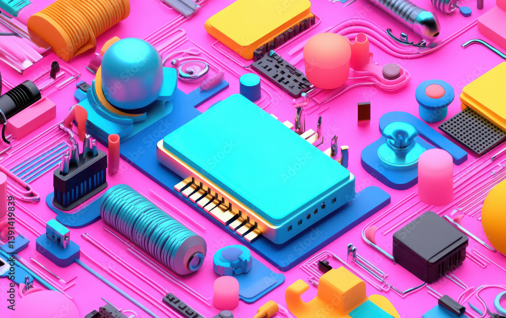 Poster colorful circuit board with vibrant components and patterns.
