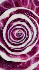 Obraz premium Close-up of a vibrant, layered spiral cut through a purple and white vegetable. The layers show a striking pattern