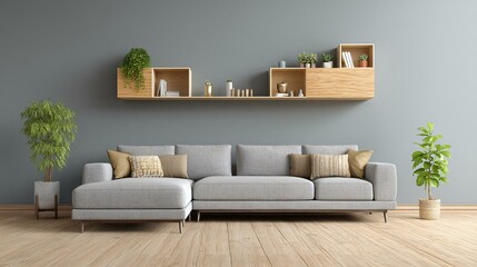 Clean modern interior of a living room with neutral color palette, sectional sofa, floating shelves, houseplants, and ambient lighting, stylish and functional home concept