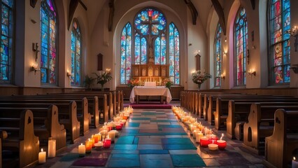 Fototapeta premium Lit candles of various sizes on a table with blurred stained glass windows and warm lighting in the background.