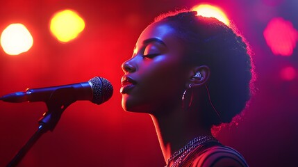 A young woman singer performing on stage, illuminated by red and orange lights.