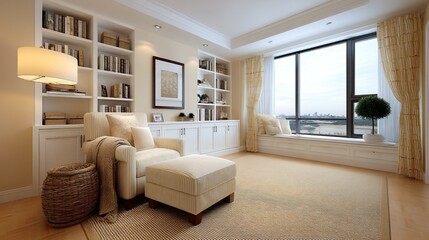 Modern living room with large bookshelves, cozy reading corner, armchair with blanket, and soft evening lighting, intellectual and warm design vibe