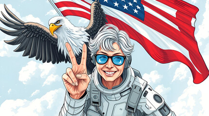 National Loyalty Day, May, American freedom, American woman standing with his fingers making the Victory sign, Bald Eagle with American Flag, Generative Ai
