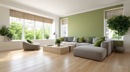Natural light-filled living room interior with green accent wall, cozy furniture, bamboo blinds, and potted plants, perfect for eco-friendly home design