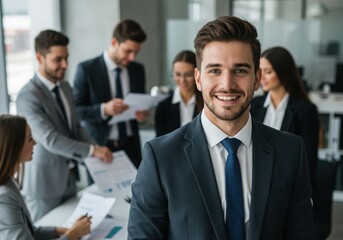 Portrait of smiling businessman with colleagues in background in a modern office setting indoors